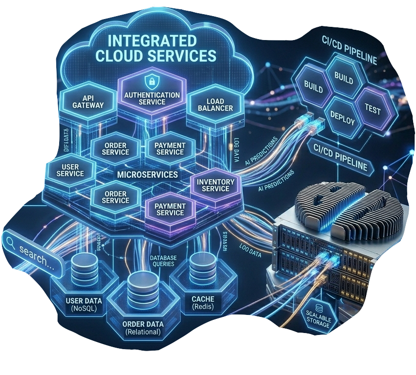 Illustration of a full-stack web application running on cloud infrastructure